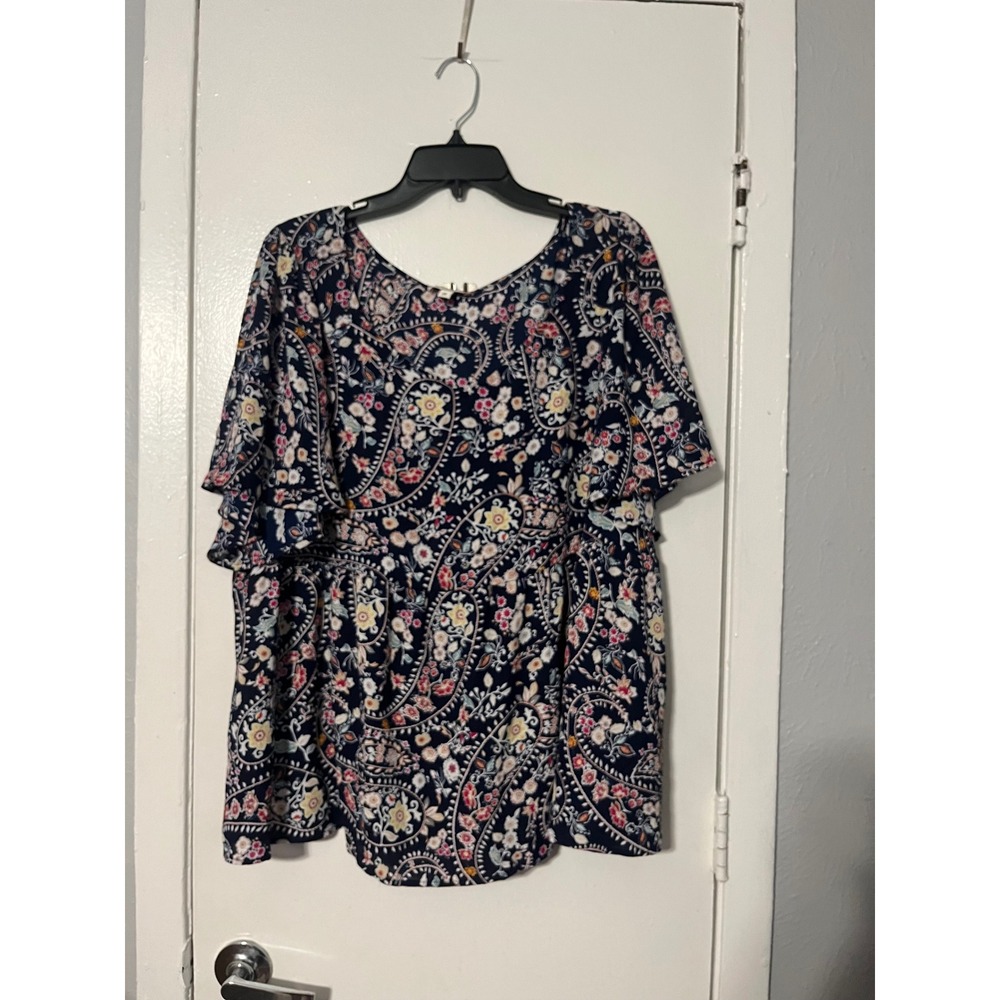 Andree by‎ Unit Navy Paisley Floral Flutter Sleeve Babydoll Peplum Top Plus 2X